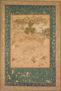 Akbar überwacht die Gefangennahme von wilden Elefanten in Malwa im Jahr 1564, Malerei 90, ca. 1602-3 von Farukh Chela