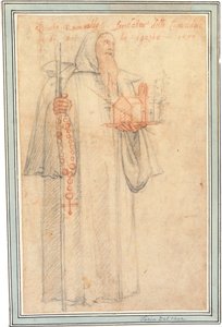Fra Stefano, Prokurator der Kamaldulenser in Vallombrosa, als Heiliger Romuald, hält ein Modell einer Kirche und einen Rosenkranz, 1577