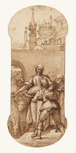 Taddeo am Eingang zu Rom, begrüßt von Mühe, Knechtschaft und Härte sowie von Gehorsam und Geduld (der Esel und der Ochse) von Federico Zuccaro