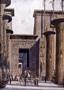 Rekonstruktion des Tempels von Amon. Illustration von F. Hoffebauer. 19. Jahrhundert.