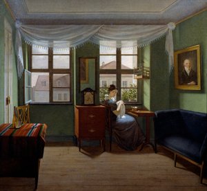 Nähen, Gemälde von Fyodor Tolstoy, Öl auf Leinwand von Fedor Petrovich Tolstoy