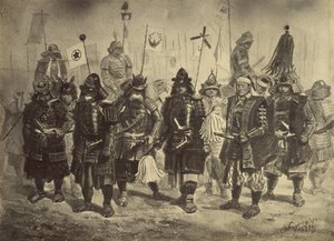 Fotografische Kopie einer Zeichnung japanischer Krieger von Charles Wirgman von Felice Beato