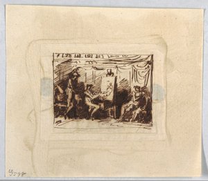 Figurale Szene mit Künstler, der eine weibliche Figur zeichnet, während ein Mann von hinten zuschaut