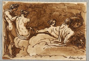 Vier Figuren mit einer Ziege, auf Wolken, Studie nach Rubens