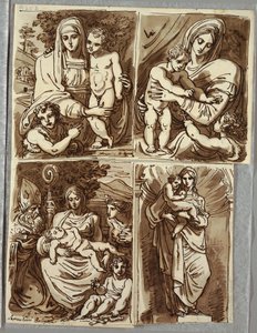 Madonna und Kind und St. Johannes, Studie nach Francia; Madonna und Kind mit St. Johannes, Studie nach Dossi; Madonna und Kind mit St. Johannes, Bischof Heiliger, St. Apollonia; Madonna und Kind in Nische, Studie nach Skulptur von Salvator Mundy