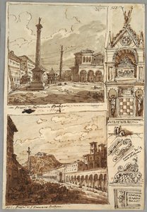 Piazza San Domenico in Bologna; Piazza San Francesco und Villa Aldini in Bologna; Studie des Grabmals der Glossatoren von Felice Giani