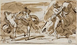Polyphem wirft Felsbrocken auf die fliehenden Aeis und Galatea (recto); Polyphem spielt seine Rohrpfeifen für Galatea (verso) von Felice Giani