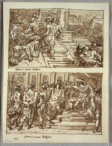 Remus tötet König Amulius; Remus in Ketten vor König Amulius; Zwei Studien nach Carracci