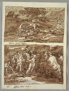 Romulus und Remus von der Wölfin gesäugt; Romulus weiht Jove Feretrius die Beute des besiegten Königs Acronius, Zwei Studien nach Carracci