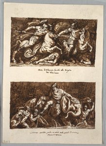 Skizzenbuchseite: Tod des Flaminius in der Schlacht von Trasimeno; Annabelle verliert ein Auge in den Sümpfen von Fiano, Toskana von Felice Giani