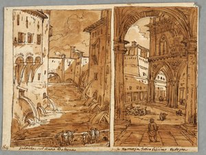 Skizzenbuchseite, Folio 64: Studie nach Bologneser Architektur und Skulptur; Verso: Geometrische Designs von Felice Giani