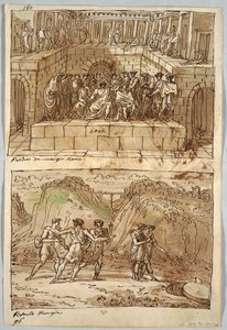 Skizzenbuchseite, Folio 98: Zwei Gemälde nach Caravaggio und Raphael; Rückseite: Adler und Ochse von Felice Giani