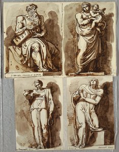Studien nach vier Statuen auf dem Grabmal von Julius II., nach Michelangelo: Moses; Madonna mit Kind; Leah, Tugend; Rachel, Religion von Felice Giani
