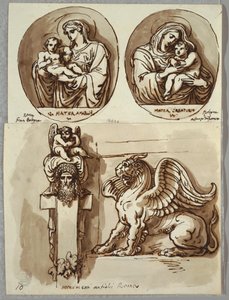 Zwei Zeichnungen der Madonna und des Kindes in Ovalen, Studien nach Giambologna und Alfonzo da Ferrero; Herm und Chimäre, nach Antike von Felice Giani