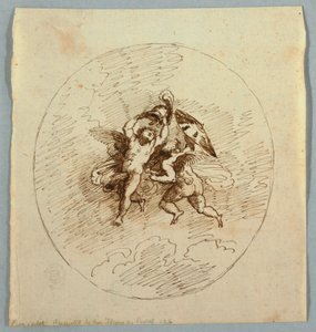 Zwei fliegende Putti mit Waffen von Felice Giani