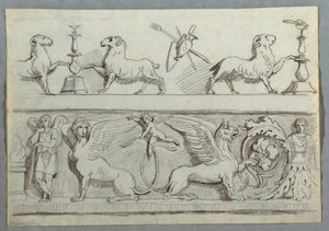 Zwei Friese mit Widdern, Kandelabern, Trophäen und Putti von Felice Giani