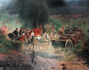 Dritter Italienischer Unabhängigkeitskrieg: „Die Schlacht von Bezzecca“ am 21.07.1866 zwischen den Jägern von Giuseppe Garibaldi und der österreichischen Armee. Detail