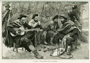 Ein Payador, Duell in Versen von Wandersängern. Gravur von Myrbach zur Illustration der Geschichte Voyage à la Plata, 1886, von Emile Daireaux, in Le Tour du monde 1888, unter der Leitung von Edouard Charton (1807-1890), Hachette, Paris. von Felicien baron de Myrbach Rheinfeld