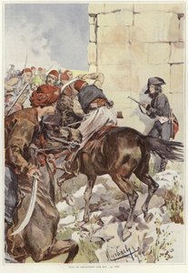 Ein Soldat zielt mit seinem Gewehr, während er angegriffen wird von Felicien baron de Myrbach Rheinfeld