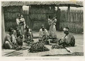 Einheimische bei der Tabakherstellung. Gravur von Myrbach zur Illustration der Geschichte Luçon und Palawan, sechs Jahre auf den Philippinen, von Alfred Marche (1844-1898), in Le Tour du monde 1886, unter der Leitung von Edouard Charton (1807-1890), Hachet