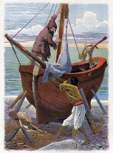Robinson Crusoe und Freitag bauen ein Boot.