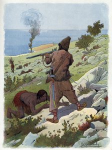 Robinson Crusoe tötet die Wilden, die Freitag verfolgen