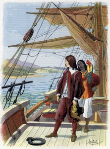 Robinson Crusoe verlässt seine Insel - Illustration von Felician MYRBACH MYRBACH RHEINFELD (1853-1940) für das Buch von Daniel Defoe Robinson Crusoe. Kein Datum. Um 1934