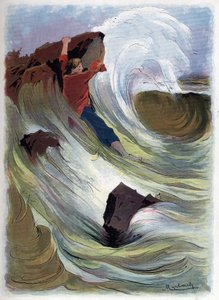 Robinson Crusoe schafft es, sich an einem Felsen festzuhalten.