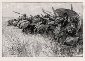 Der Angriff der Massai. Gravur von Myrbach zur Illustration der Geschichte 