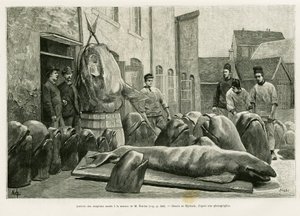 Die Ankunft der toten Delfine im Haus von Herrn Ostrom auf der Torrents-Insel. Gravur von Myrbach zur Illustration der Geschichte „Ein Monat im Archipel der Färöer“ von H. Labonne, veröffentlicht in Le Tour du monde 1887 von Felicien baron de Myrbach Rheinfeld
