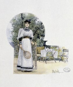Junge Frau auf einem Tennisplatz - Gravur, Ende 19. Jahrhundert von Felicien baron de Myrbach Rheinfeld