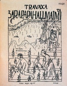 Ein Inka Hatun Runa Paar arbeitet im Januar auf den Feldern von Felipe Huaman Poma de Ayala