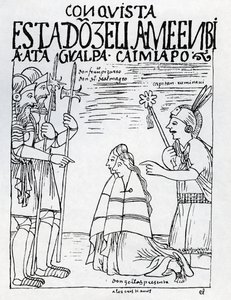Kapitän Ruminavi präsentiert Francisco Pizarro und Diego de Almagro zwei Frauen von Felipe Huaman Poma de Ayala