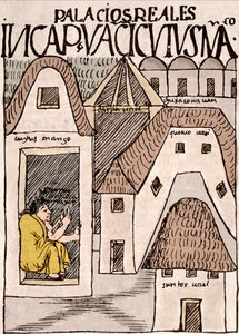 Inka-Reich: Tempel und Paläste in Cuzco, Peru - Tuschzeichnung aus dem Manuskript „Nueva coronica y buen gobierno“ von Don Felipe Puma de Ayala, das das Leben der Inkas illustriert, um 1587 Lima, Museo Nacional de Antropología, Arqueología e Historia de von Felipe Huaman Poma de Ayala