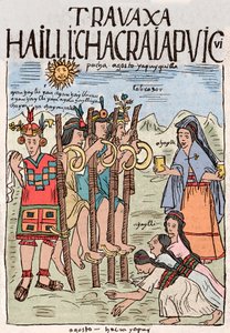 Inka-Reich: Beginn der Feldarbeit im August, Anlass eines großen Volksfestes, an dem auch die Adligen teilnahmen - Tuschzeichnung aus dem Manuskript „Nueva coronica y buen gobierno“ von Don Felipe Puma de Ayala von Felipe Huaman Poma de Ayala