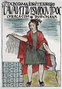 Quipu (Quipo Quipou) Inka-Buchhaltungssystem aus Seilen und Knoten, Inka-Kultur 1400-1532 n. Chr., Manuskript von Felipe Guaman Puma de Ayala (Nueva Coronica y buen Gobierno), indianischer Kolumnist des 16. Jahrhunderts. von Felipe Huaman Poma de Ayala