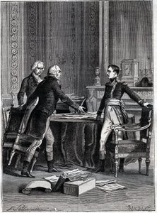 Erste Beratung der drei Konsuln in Peer-Luxemburg - Napoleon Bonaparte, Emmanuel Joseph Sieyes und Pierre Roger-Ducos 1799 - Gravur von Barbant, nach Philippoteaux - Erstes Konsulat, 24 Frimaire VIII (15. Dezember 1799), erstes Treffen des Ersten Konsulats