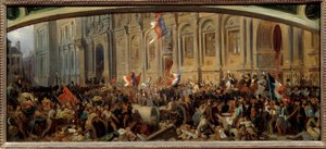 Revolution von 1848: Alphonse de Lamartine (1790-1869), französischer Schriftsteller und Politiker, weist die rote Fahne im Rathaus am 25. Februar 1848 zurück. Gemälde von Felix Philippoteaux (ca. 1815-1884)