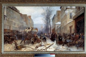 Szene des Bombardements in Paris durch preußische Armeen im Januar 1871. Krieg von 1870-1871: die Belagerung von Paris durch die preußische Armee. Gemälde von Henri Felix Philippoteaux (1815-1884). 1871. Paris, Musée Carnavalet von Felix (after) Philippoteaux