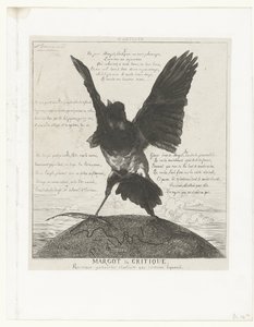 Elster steht mit ausgebreiteten Flügeln und Federkiel auf einem Globus mit Stadtplan von Paris von Felix Bracquemond