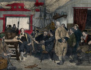 Peter I. der Große (1672-1725) im Jahr 1697 beim Eintritt in Holland zum Schiffbau. Nach dem Gemälde von Felix Cogen