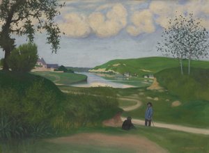 Landschaft mit Fluss und zwei Figuren