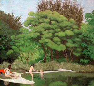 Waldlandschaft bei Sonnenschein, mit zwei Frauen und einem Kind