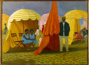 Der Strand. Urlauber unter den Schirmen, geschützt vor dem Wind. von Felix Edouard Vallotton