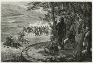 Das Rennen des Djerid, der Reiter startete mit einem kurzen Stock, der sowohl den Speer als auch das Gewehr darstellte; er schwenkte ihn über seinem Kopf, bevor er ihn wegwarf, Gravur von F. Regamey, zur Illustration der Geschichte Les Ansaries von Leon Ca von Felix Elie Regamey