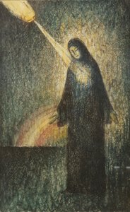 Eine Frau im Licht eines Regenbogens