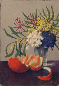 Stillleben mit Blumen und einer Orange