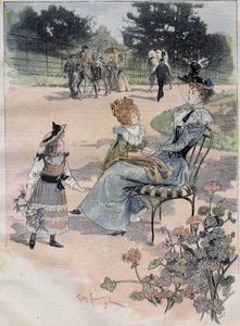 Der Spaziergang der Kinder zum Akklimatisierungsgarten in Paris im Jahr 1892. Gravur der Founery Aquarelle
