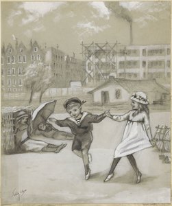 Tanzender Junge und Mädchen in einem Stadtpark oder Spielplatz von Felix Hess (signed by artist)