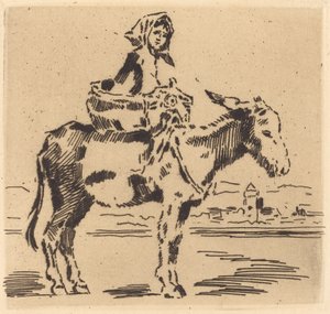 Cacoletière à la Tour Frau reitet auf einem Esel in der Nähe eines Turms von Felix Hilaire Buhot